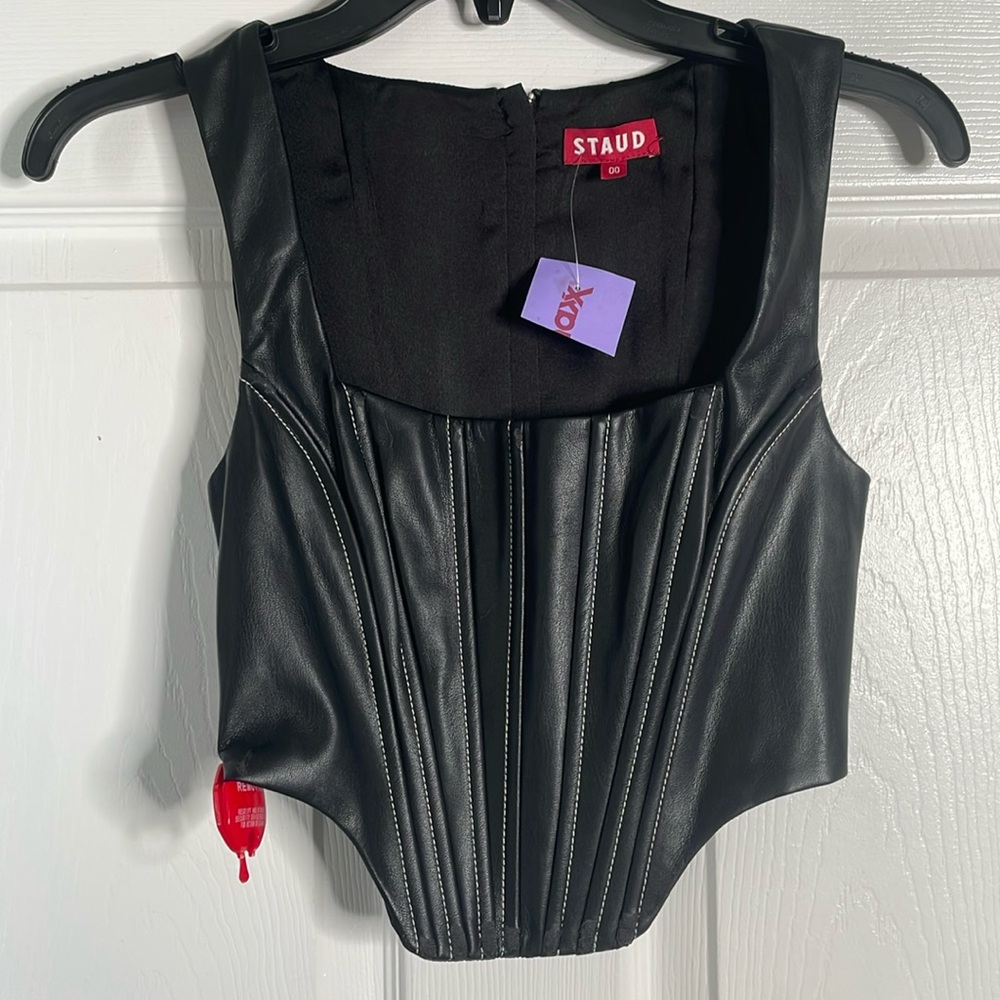 NWT Staud Alice Black Bustier Corset Vegan Faux Leather Crop Top
